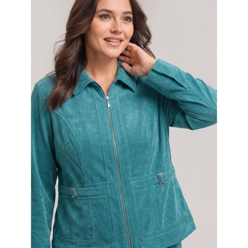 Christopher & Banks Zip Up Corduroy Jacket L Teal Blue Buckle Detail Excellent